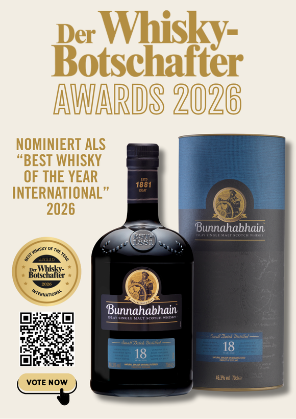 Unser Bunnahabhain 18 wurde vom Whisky-Botschafter zum "Whisky Of The Year International" 2026 nominiert. Hier können Sie an der Umfrage teilnehmen: Jetzt abstimmen!